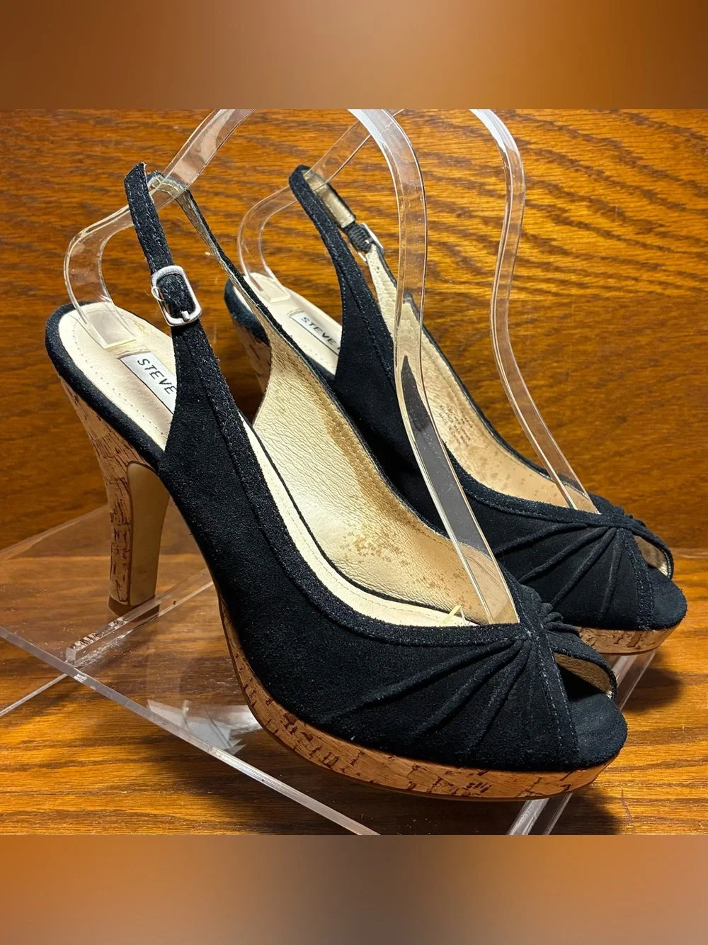 Y2K Steve Madden Cork Platform Slingback Peep Toe Heels Black Suede Size 8
